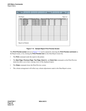 Page 106CHAPTER 7 NDA-24213
Page 92     
Issue 3.0
ACD Menu Commands
Report Menu
Figure 7-13   Sample Report Print Preview Screen
The Print Preview screen shown in Figure 7-13 can be opened by choosing the Print Preview command on 
the Report menu, or by clicking the 
Print Preview icon on the Data Report menu bar.
The 
Print command sends the report to the printer.
The 
Next Page, Previous Page, Two Page, Zoom In, and Zoom Out commands on the Print Preview 
menu bar allow you to have varying views of the...