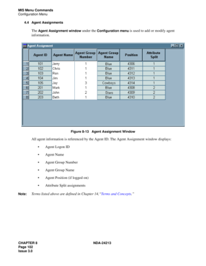 Page 116CHAPTER 8 NDA-24213
Page 102    
Issue 3.0
MIS Menu Commands
Configuration Menu
4.4 Agent Assignments
The Agent Assignment window under the Configuration menu is used to add or modify agent 
information.
 
Figure 8-13   Agent Assignment Window
All agent information is referenced by the Agent ID. The Agent Assignment window displays: 
Agent Logon ID 
Agent Name 
Agent Group Number
Agent Group Name
Agent Position (if logged on)
Attribute Split assignments
Note:Terms listed above are defined in...