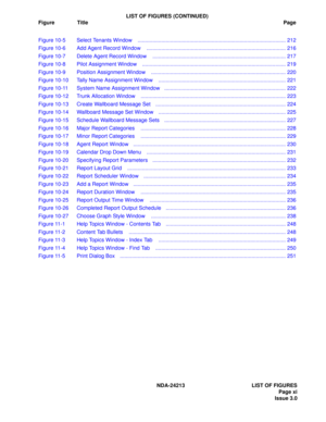 Page 13LIST OF FIGURES (CONTINUED)
Figure TitlePage
NDA-24213  LIST OF FIGURES
   Page xi
Issue 3.0 Figure 10-5 Select Tenants Window    .................................................................................................... 212
Figure 10-6 Add Agent Record Window    .............................................................................................. 216
Figure 10-7 Delete Agent Record Window    .............................................................................................