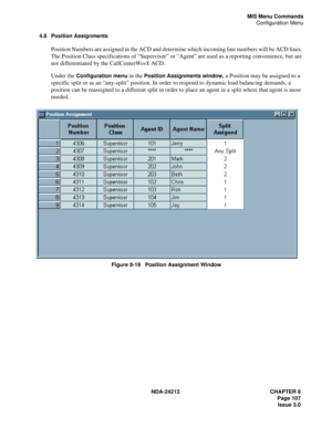 Page 121NDA-24213 CHAPTER 8
    Page 107
Issue 3.0
MIS Menu Commands
Configuration Menu
4.8 Position Assignments
Position Numbers are assigned in the ACD and determine which incoming line numbers will be ACD lines. 
The Position Class specifications of “Supervisor” or “Agent” are used as a reporting convenience, but are 
not differentiated by the CallCenterWorX ACD.
Under the 
Configuration menu in the Position Assignments window, a Position may be assigned to a 
specific split or as an “any-split” position. In...