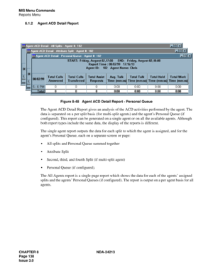 Page 152CHAPTER 8 NDA-24213
Page 138    
Issue 3.0
MIS Menu Commands
Reports Menu
6.1.2 Agent ACD Detail Report
Figure 8-48   Agent ACD Detail Report - Personal Queue
The Agent ACD Detail Report gives an analysis of the ACD activities performed by the agent. The 
data is separated on a per split basis (for multi-split agents) and the agent’s Personal Queue (if 
configured). This report can be generated on a single agent or on all the available agents. Although 
both report types include the same data, the...