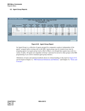 Page 156CHAPTER 8 NDA-24213
Page 142    
Issue 3.0
MIS Menu Commands
Reports Menu
6.2 Agent Group Reports
Figure 8-52   Agent Group Report
An Agent Group is a collection of agents grouped for comparative analysis (independent of the 
agents’ assigned splits) existing only in the MIS. Agent groups may be created at any time by 
assigning agents to an agent group (such as Red or Blue), even though these agents may work in a 
variety of splits. All agents are originally in Group 1 and must be moved to other groups...