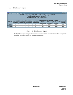 Page 159NDA-24213 CHAPTER 8
    Page 145
Issue 3.0
MIS Menu Commands
Reports Menu
6.3.1 Split Summary Report
Figure 8-55   Split Summary Report
The Split Summary Report provides a concise collection of data on split activities. You can generate 
this report for a single split or for all the available splits. 