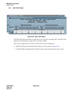 Page 160CHAPTER 8 NDA-24213
Page 146    
Issue 3.0
MIS Menu Commands
Reports Menu
6.3.2 Split Traffic Report
Figure 8-56   Split Traffic Report
The Split Traffic Report generates two different views of the split’s incoming traffic. The Split Traffic 
Report can be generated for a single split or all splits available. 
Each screen or page reports two groups of data (side by side for comparison):
1. High Priority Queue and Standard Priority Queue (see front screen in Figure 8-56)
2. Combined High and Standard...