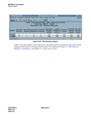 Page 168CHAPTER 8 NDA-24213
Page 154    
Issue 3.0
MIS Menu Commands
Reports Menu
Figure 8-64   Pilot Summary Report
Traffic on any pilot number can be analyzed for a designated period. Terminology in the report column 
headings and the means of calculating those statistics are explained in Chapter 12, “MIS Statistical 
Definitions and Methods,” and Chapter 14, “Terms and Concepts.” 