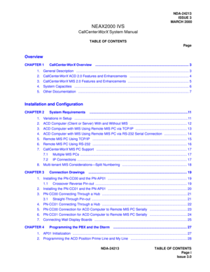 Page 3NDA-24213ISSUE 3
       MARCH  2000
NEAX2000 IVS
CallCenter
WorX System Manual
TABLE OF CONTENTS
Page
NDA-24213  TABLE OF CONTENTS
    Page i
Issue 3.0
Overview
CHAPTER 1 CallCenter WorX Overview .................................................................................................. 3
1.   General Description   ...................................................................................................... ................ 3
2.   CallCenter WorX ACD 2.0 Features and Enhancements...