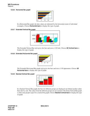 Page 254CHAPTER 10 NDA-24213
Page 240    
Issue 3.0
MIS Procedures
Reports
12.8.6 Horizontal Bar graph 
In a Horizontal Bar graph, the data values are indicated by the horizontal extent of individual 
rectangles. Choose 
Horizontal bars to display this type of graph.
12.8.7 Extended Vertical Bar graph 
The Extended Vertical Bar style gives the bars and axes a 3-D look. Choose 3D Vertical bars to 
display this type of graph.
12.8.8 Extended Horizontal Bar graph 
The Extended Horizontal Bar graph style gives the...