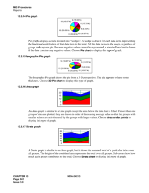 Page 256CHAPTER 10 NDA-24213
Page 242    
Issue 3.0
MIS Procedures
Reports
12.8.14 Pie graph 
Pie graphs display a circle divided into “wedges”. A wedge is drawn for each data item, representing 
the fractional contribution of that data item to the total. All the data items in the scope, regardless of 
group, make up one pie. Because negative values cannot be represented, a standard bar chart is drawn 
if the data contains any negative values. Choose 
Pie chart to display this type of graph.
12.8.15 Isographic...