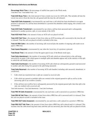 Page 268CHAPTER 12 NDA-24213
Page 254   
Issue 3.0
MIS Statistical Definitions and Methods
Percentage Work Time
 is the percentage of staffed time spent in the Work mode.
(Total Work Time / Total Staffed Time) * 100
Total ACD Busy Time is the total amount of time a trunk was in use for ACD calls. This includes all time the 
circuit was active (from the time the call queued until the time the call released).
Total ACD Calls Answered is incremented by one each time a call which has been distributed to an agent...