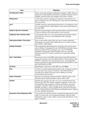 Page 279NDA-24213 CHAPTER 14
    Page 265
Issue 3.0
Terms and Concepts
Configuration Fields
Allow on-the-spot program configuration changes in MIS. They are 
displayed in white until the information contained within the field is 
changed, when the field color changes from white to yellow.
Dialog (box)A GUI object which is displayed in response to the selection of a 
menu command or an icon, offering one or more choices to determine 
the next activity. 
DtermAn NEC electronic phone/terminal that derives its...