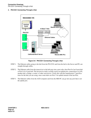 Page 36CHAPTER 3 NDA-24213
Page 22
Issue 3.0
Connection Drawings
PN-CC01 Connecting Through a Hub
4. PN-CC01 Connecting Through a Hub
Figure 3-6   PN-CC01 Connecting Through a Hub
STEP 1: The Ethernet cables going to the hub from the PN-CC01 and from the hub to the Server and PCs are 
straight-through cables.
STEP 2: The Ethernet cable from the transceiver to the hub goes into a port other than Port 8 of an 8-port hub 
or Port 4 of a 4-port hub. The last port in a hub is usually used as an uplink port,...