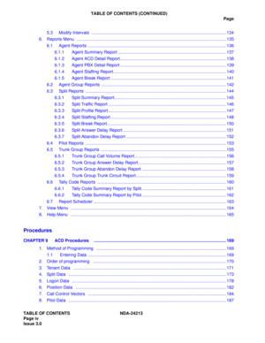 Page 6TABLE OF CONTENTS (CONTINUED)
Page
TABLE OF CONTENTS NDA-24213 
Page iv   
Issue 3.05.3 Modify Intervals  ................................................................................................................ 134
6.   Reports Menu   ............................................................................................................................ 135
6.1 Agent Reports ......................................................................................................................