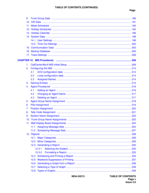 Page 7TABLE OF CONTENTS (CONTINUED)
Page
NDA-24213  TABLE OF CONTENTS
   Page v
Issue 3.0 9.   Trunk Group Data   ..................................................................................................................... 189
10.  IVR Data   ................................................................................................................................... 191
11.  Week Schedules...