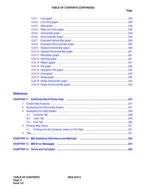 Page 8TABLE OF CONTENTS (CONTINUED)
Page
TABLE OF CONTENTS NDA-24213 
Page vi   
Issue 3.012.8.1 Line graph ..............................................................................................................239
12.8.2 Line Only graph ...................................................................................................... 239
12.8.3 Step graph ..............................................................................................................239
12.8.4  Step Line Only graph...