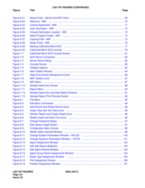 Page 10LIST OF FIGURES (CONTINUED)
Figure TitlePage
LIST OF FIGURES NDA-24213 
Page viii   
Issue 3.0 Figure 6-21 Setup Finish - Server and MAT Client    ................................................................................  69
Figure 6-22 Welcome - MIS   ...................................................................................................................  70
Figure 6-23 License Agreement - MIS...