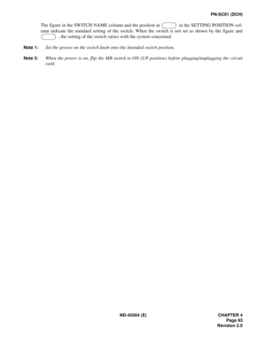 Page 115ND-45504 (E) CHAPTER 4
Page 93
Revision 2.0
PN-SC01 (DCH)
The figure in the SWITCH NAME column and the position in   in the SETTING POSITION col-
umn indicate the standard setting of the switch. When the switch is not set as shown by the figure and
 , the setting of the switch varies with the system concerned.
Note 1:Set the groove on the switch knob onto the intended switch position.
Note 2:When the power is on, flip the MB switch to ON (UP position) before plugging/unplugging the circuit
card. 