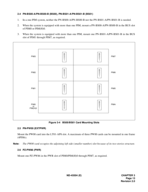 Page 21ND-45504 (E) CHAPTER 3
Page 13
Revision 2.0
2.4 PN-BS00-A/PN-BS00-B (BS00), PN-BS01-A/PN-BS01-B (BS01)
1. In a one-PIM system, neither the PN-BS00-A/PN-BS00-B nor the PN-BS01-A/PN-BS01-B is needed.
2. When the system is equipped with more than one PIM, mount a PN-BS00-A/PN-BS00-B in the BUS slot
of PIM0 or PIM(H)0.
3. When the system is equipped with more than one PIM, mount one PN-BS01-A/PN-BS01-B in the BUS
slot of PIM1 through PIM7, as required.
Figure 3-4   BS00/BS01 Card Mounting Slots
2.5 PN-PW00...