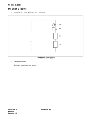 Page 34CHAPTER 4 ND-45504 (E)
Pag e 26
Revision 2.0
PN-BS01-B (BS01)
PN-BS01-B (BS01)
1. Locations of Lamps, Switches, and Connectors
PN-BS01-B (BS01) Card
2. Lamp Indications
This card has no indicator lamps.
MB
CN2
CN1
SW0 