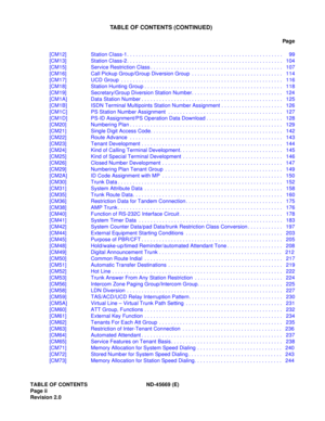 Page 11TABLE OF CONTENTS ND-45669 (E)
Page ii
Revision 2.0
TABLE OF CONTENTS (CONTINUED)
Pag e
[CM12] Station Class-1. . . . . . . . . . . . . . . . . . . . . . . . . . . . . . . . . . . . . . . . . . . . . . . . . . . . .  99
[CM13] Station Class-2. . . . . . . . . . . . . . . . . . . . . . . . . . . . . . . . . . . . . . . . . . . . . . . . . . . . .  104
[CM15] Service Restriction Class . . . . . . . . . . . . . . . . . . . . . . . . . . . . . . . . . . . . . . . . . . . . .  107
[CM16] Call Pickup...