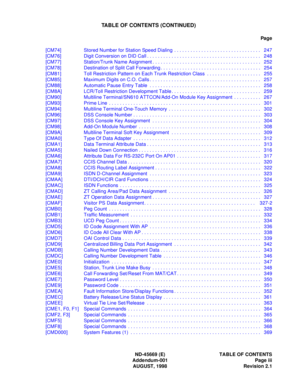 Page 12ND-45669 (E) TABLE OF CONTENTS
Addendum-001 Page iii
AUGUST, 1998 Revision 2.1
TABLE OF CONTENTS (CONTINUED)
Pag e
[CM74] Stored Number for Station Speed Dialing  . . . . . . . . . . . . . . . . . . . . . . . . . . . . . . . .  247
[CM76] Digit Conversion on DID Call . . . . . . . . . . . . . . . . . . . . . . . . . . . . . . . . . . . . . . . . . .  248
[CM77] Station/Trunk Name Asignment . . . . . . . . . . . . . . . . . . . . . . . . . . . . . . . . . . . . . . . .  252
[CM78] Destination of Split...