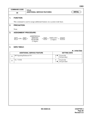 Page 112ND-45669 (E) CHAPTER 3
Pag e 89
Revision 2.0
CM09
COMMAND CODE
TITLE:
ADDITIONAL SERVICE FEATURES
09
INITIAL
4. DATA TABLE:
1. FUNCTION:
This command is used to assign additional features on a system-wide basis.
2. PRECAUTION:
None
3. ASSIGNMENT PROCEDURE:
: Initial Data
ADDITIONAL SERVICE FEATURE SETTING DATA
52MF Signaling/Enhanced 911 0
1To  p r o v i d e
Not provided
53No. 7 CCIS 0
1To  p r o v i d e
Not provided
DATA (0/1)
(2 digits) ST   + 09 +   DE   +                                  +   DE   +...