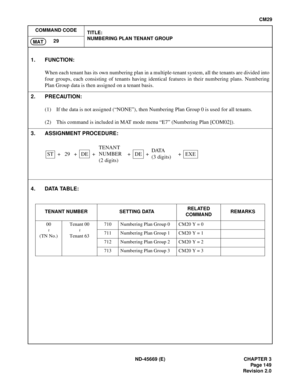 Page 176ND-45669 (E) CHAPTER 3
Pag e 1 49
Revision 2.0
CM29
COMMAND CODE
TITLE:
NUMBERING PLAN TENANT GROUP
29
MAT
4. DATA TABLE:
1. FUNCTION:
When each tenant has its own numbering plan in a multiple-tenant system, all the tenants are divided into
four groups, each consisting of tenants having identical features in their numbering plans. Numbering
Plan Group data is then assigned on a tenant basis.
2. PRECAUTION:
(1) If the data is not assigned (“NONE”), then Numbering Plan Group 0 is used for all tenants.
(2)...