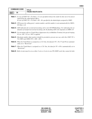 Page 204ND-45669 (E) CHAPTER 3
Addendum-001 Page 174-1
AUGUST, 1998 Revision 2.1
CM35
COMMAND CODE
TITLE:
TRUNK ROUTE DATA
35
MAT
Note 1:In case of CM35 YY = 76, Data = 15, not specified (release the sender by time out or by answer
signal from the called distant office). 
In case of CM35 YY = 76, Data = 00 – 04, specified by the dialed digits assigned by CM85.
Note 2:STN means the calling party’s station number, and this number is sent automatically by CM30 –
28, Data = x6.
Note 3:LED indication for an internal...