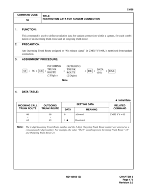 Page 206ND-45669 (E) CHAPTER 3
Pag e 1 75
Revision 2.0
CM36
COMMAND CODE
TITLE:
RESTRICTION DATA FOR TANDEM CONNECTION
36
4. DATA TABLE:
Note:The 2-digit Incoming Trunk Route number and the 2-digit Outgoing Trunk Route number are entered as a
concatenated 4-digit number. For example, the value “1824” would represent Incoming Trunk Route “18”
and Outgoing Trunk Route 24.
1. FUNCTION:
This command is used to define restriction data for tandem connection within a system, for each combi-
nation of an incoming trunk...