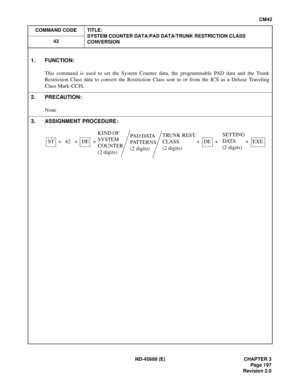 Page 230ND-45669 (E) CHAPTER 3
Pag e 1 97
Revision 2.0
CM42
COMMAND CODE TITLE:
SYSTEM COUNTER DATA/PAD DATA/TRUNK RESTRICTION CLASS
CONVERSION 42
1. FUNCTION:
This command is used to set the System Counter data, the programmable PAD data and the Trunk
Restriction Class data to convert the Restriction Class sent to or from the ICS as a Deluxe Traveling
Class Mark-CCIS.
2. PRECAUTION:
None
3. ASSIGNMENT PROCEDURE:
ST + 42 + DE + + DE + + EXEKIND OF
SYSTEM
COUNTER
(2 digits)PAD DATA
PATTERNS
(2 digits)TRUNK REST....