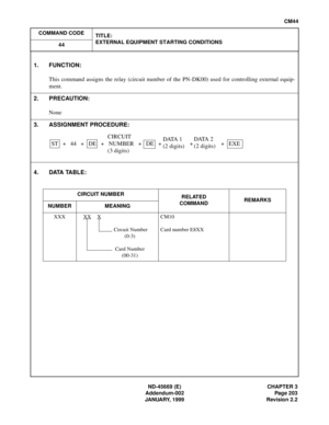 Page 238ND-45669 (E) CHAPTER 3
Addendum-002 Page 203
JANUARY, 1999 Revision 2.2
CM44
COMMAND CODE
TITLE:
EXTERNAL EQUIPMENT STARTING CONDITIONS
44
4. DATA TABLE:
1. FUNCTION:
This command assigns the relay (circuit number of the PN-DK00) used for controlling external equip-
ment.
2. PRECAUTION:
None
3. ASSIGNMENT PROCEDURE:
CIRCUIT NUMBER
RELATED
COMMANDREMARKS
NUMBER MEANING
XXX XX
X
 Circuit Number
(0-3)
Card Number
(00-31)CM10
Card number E8XX
CIRCUIT
ST + 44 + DE + NUMBER + DE + + + EXE
(3 digits)D ATA  1
(2...