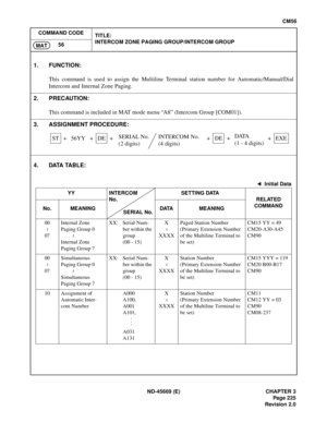 Page 262ND-45669 (E) CHAPTER 3
Pag e 2 25
Revision 2.0
CM56
COMMAND CODE
TITLE:
INTERCOM ZONE PAGING GROUP/INTERCOM GROUP
56
MAT
4. DATA TABLE:
1. FUNCTION:
This command is used to assign the Multiline Terminal station number for Automatic/Manual/Dial
Intercom and Internal Zone Paging.
2. PRECAUTION:
This command is included in MAT mode menu “A8” (Intercom Group [COM01]).
3. ASSIGNMENT PROCEDURE:
: Initial Data
YY INTERCOM
No.
SERIAL No.SETTING DATA
RELATED
COMMAND
No. MEANING DATA MEANING
00
07Internal Zone...