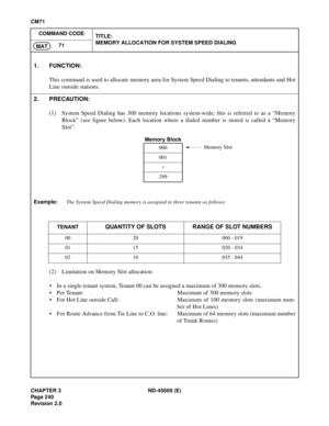 Page 277CHAPTER 3 ND-45669 (E)
Pag e 2 40
Revision 2.0
CM71
COMMAND CODE
TITLE:
MEMORY ALLOCATION FOR SYSTEM SPEED DIALING
71
MAT
1. FUNCTION:
This command is used to allocate memory area for System Speed Dialing to tenants, attendants and Hot
Line outside stations.
2. PRECAUTION:
(1) System Speed Dialing has 300 memory locations system-wide; this is referred to as a “Memory
Block” (see figure below). Each location where a dialed number is stored is called a “Memory
Slot”.
Example:The System Speed Dialing memory...