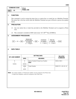 Page 338ND-45669 (E) CHAPTER 3
Pag e 3 01
Revision 2.0
CM93
COMMAND CODE
TITLE:
PRIME LINE
93
MAT
4. DATA TABLE:
Note:Any station number or Virtual Line number can be assigned to the Prime Line.
A single-line telephone cannot be assigned as the Prime Line.
1. FUNCTION:
This command is used to assign the prime line to a station line or a trunk line on a Multiline Terminal.
The prime line is the line seized when the Multiline Terminal user goes off-hook or presses the speaker
button.
2. PRECAUTION:
(1) Any one...