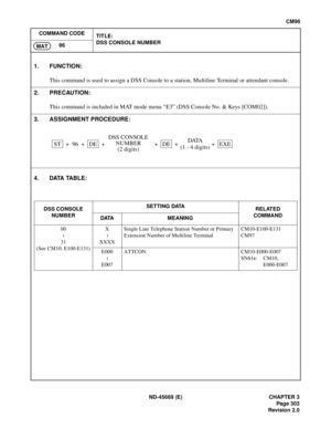 Page 340ND-45669 (E) CHAPTER 3
Pag e 3 03
Revision 2.0
CM96
COMMAND CODE
TITLE:
DSS CONSOLE NUMBER
96
MAT
4. DATA TABLE:
1. FUNCTION:
This command is used to assign a DSS Console to a station, Multiline Terminal or attendant console.
2. PRECAUTION:
This command is included in MAT mode menu “E3” (DSS Console No. & Keys [COM02]).
3. ASSIGNMENT PROCEDURE:
DSS CONSOLE
NUMBERSETTING DATA
RELATED
COMMAND
DATA MEANING
00
31
(See CM10, E100-E131)X
XXXXSingle Line Telephone Station Number or Primary 
Extension Number of...