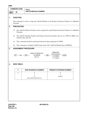 Page 345CHAPTER 3 ND-45669 (E)
Pag e 3 08
Revision 2.0
CM98
COMMAND CODE
TITLE:
ADD-ON MODULE NUMBER
98
MAT
4. DATA TABLE:
1. FUNCTION:
This command is used to assign the Add-On Module to the Primary Extension Number of a Multiline
Terminal.
2. PRECAUTION:
(1) One Add-On Module Number can be assigned for each Primary Extension Number of a Multiline
Terminal.
(2) The Add-On Module Number and Primary Extension Number must be in a PIM (or PIMs) con-
trolled by the same FP.
(3) This command should be performed...