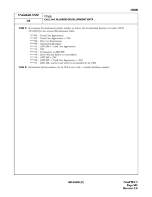 Page 388ND-45669 (E) CHAPTER 3
Pag e 3 45
Revision 2.0
CMDB
COMMAND CODE
TITLE:
CALLING NUMBER DEVELOPMENT DATA
DB
Note 1:If assigning the destination station number as below, the Terminating System overrrides CM30
YY=02/03 for the selected Development Table.
****02 : Trunk Line Appearance
****03 : Trunk Line Appearance + TAS
****04 : Direct-in Termination
****09 : Automated Attendant
****11 : ATTCON + Trunk Line Appearance
****13 : TAS
****14 : Termination to ATTCON
****16 : Direct Inward System Access (DISA)...