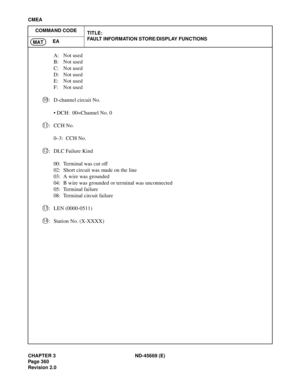 Page 403CHAPTER 3 ND-45669 (E)
Pag e 3 60
Revision 2.0
CMEA
COMMAND CODE
TITLE:
FAULT INFORMATION STORE/DISPLAY FUNCTIONS
EA
MAT
A: Not used
B: Not used
C: Not used
D: Not used
E: Not used
F: Not used
: D-channel circuit No.
• DCH:  00=Channel No. 0
: CCH No.
0–3:  CCH No.
: DLC Failure Kind
00: Terminal was cut off
02: Short circuit was made on the line
03: A wire was grounded
04: B wire was grounded or terminal was unconnected
05: Terminal failure
08: Terminal circuit failure
: LEN (0000-0511)
: Station No....