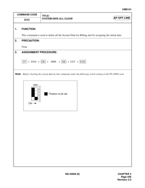 Page 452ND-45669 (E) CHAPTER 3
Pag e 4 09
Revision 2.0
CMD101
COMMAND CODE
TITLE:
SYSTEM DATA ALL CLEAR
D101
AP OFF LINE
Note:Before clearing the system data by this command, make the following switch setting on the PN-AP00 card.
1. FUNCTION:
This command is used to delete all the System Data for Billing and for assigning the initial data.
2. PRECAUTION:
None
3. ASSIGNMENT PROCEDURE:
STDE + D101 + ++DE + +EXE 0000 CCC
4
3
2
1 SW1
ON
: Position to be set [CMD101] System Data All Clear 