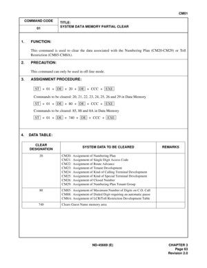 Page 80ND-45669 (E) CHAPTER 3
Pag e 63
Revision 2.0
CM01
COMMAND CODE
TITLE:
SYSTEM DATA MEMORY PARTIAL CLEAR
01
4. DATA TABLE:
1. FUNCTION:
This command is used to clear the data associated with the Numbering Plan (CM20-CM29) or Toll
Restriction (CM85-CM8A).
2. PRECAUTION:
This command can only be used in off-line mode.
3. ASSIGNMENT PROCEDURE:
CLEAR
DESIGNATIONSYSTEM DATA TO BE CLEARED REMARKS
20 CM20: Assignment of Numbering Plan
CM21: Assignment of Single Digit Access Code
CM22: Assignment of Route Advance...