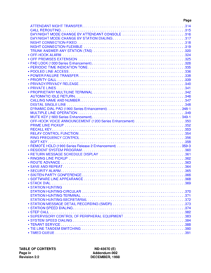 Page 13TABLE OF CONTENTS ND-45670 (E)
Page iv Addendum-002
Revision 2.2 DECEMBER, 1998
Page
ATTENDANT NIGHT TRANSFER. . . . . . . . . . . . . . . . . . . . . . . . . . . . . . . . . . . . . . . . . . . . . . . . . . . . . .314
CALL REROUTING . . . . . . . . . . . . . . . . . . . . . . . . . . . . . . . . . . . . . . . . . . . . . . . . . . . . . . . . . . . . . . . . .315
DAY/NIGHT MODE CHANGE BY ATTENDANT CONSOLE  . . . . . . . . . . . . . . . . . . . . . . . . . . . . . . . . .316
DAY/NIGHT MODE CHANGE BY...