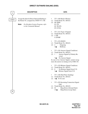 Page 224ND-45670 (E) CHAPTER 2
Page 207
Revision 2.0
DIRECT OUTWARD DIALING (DOD)
DESCRIPTION DATA
Assign the data for Direct Outward Dialing to 
the Route No. assigned by CM30 YY = 00. 
Note:For Resident System Program, refer
to the Command Manual. • YY = 00 (Kind of Route)
(1) Trunk Route No. (00-63)
(2) 00: DDD 
01: FX
02: WATS
03: CCSA
• YY = 01 (Type of Signal) 
(1) Trunk Route No. (00-63) 
(2) 2: DP
4: DTMF 
• YY = 02 (OG/IC) 
(1) Trunk Route No. (00-63)
(2) 2 : Outgoing 
3:Bothway 
• YY = 04 (Answer...