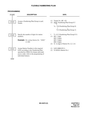 Page 254ND-45670 (E) CHAPTER 2
Page 237
Revision 2.0
FLEXIBLE NUMBERING PLAN
PROGRAMMING 
DESCRIPTION DATA
Assign a Numbering Plan Group to each 
Tenant. (1)  Tenant No. (00 - 63) 
(2) XXX: Numbering Plan Group 0-3 
*a:  710 (Numbering Plan Group 0) 
713 (Numbering Plan Group 3) 
Specify the number of digits for station 
numbers. 
Example:
  For setting Station No. “2XXX” 
(1) 804 •  Y = 0-3 (Numbering Plan Group 0-3) 
(1) 801: 1 digit 
802: 2 digits
803: 3 digits
804: 4 digits
(2)  X: 1st digit of Station No....