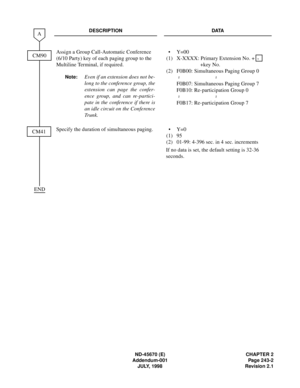 Page 262ND-45670 (E) CHAPTER 2
Addendum-001 Page 243-2
JULY, 1998 Revision 2.1
DESCRIPTION DATA
Assign a Group Call-Automatic Conference 
(6/10 Party) key of each paging group to the 
Multiline Terminal, if required.
Note:Even if an extension does not be-
long to the conference group, the
extension can page the confer-
ence group, and can re-partici-
pate in the conference if there is
an idle circuit on the Conference
Trunk.•
(1)
(2)Y=00
X-XXXX: Primary Extension No. +  
+key No.
F0B00: Simultaneous Paging Group...