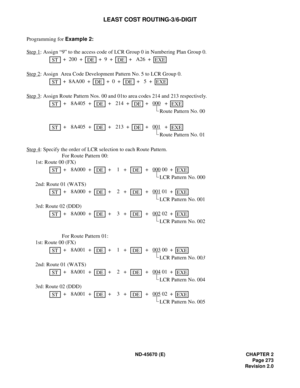 Page 294ND-45670 (E) CHAPTER 2
Page 273
Revision 2.0
LEAST COST ROUTING-3/6-DIGIT
Programming for Example 2:
Step 1
: Assign “9” to the access code of LCR Group 0 in Numbering Plan Group 0.
 + 200  +    + 9  +    +  A26  +    
Step 2
: Assign  Area Code Development Pattern No. 5 to LCR Group 0.
 + 8AA00  +    + 0  +    +  5  +    
Step 3
: Assign Route Pattern Nos. 00 and 01to area codes 214 and 213 respectively.
 + 8A405 +    + 214  +     +  000
  +   
Route Pattern No. 00
 + 8A405 +    + 213  +     +  001
  +...