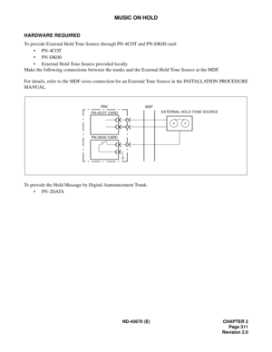 Page 332ND-45670 (E) CHAPTER 2
Page 311
Revision 2.0
MUSIC ON HOLD
HARDWARE REQUIRED
To provide External Hold Tone Source through PN-4COT and PN-DK00 card:
•PN-4COT
• PN-DK00
• External Hold Tone Source provided locally
Make the following connections between the trunks and the External Hold Tone Source at the MDF.
For details, refer to the MDF cross connection for an External Tone Source in the INSTALLATION PROCEDURE
MANUAL.
To provide the Hold Message by Digital Announcement Trunk:
• P N - 2 D ATA
PN-DK00 CARD...