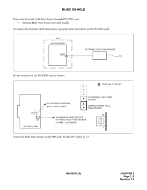 Page 334ND-45670 (E) CHAPTER 2
Page 313
Revision 2.0
MUSIC ON HOLD
To provide External Hold Tone Source through PN-CP03 card:
• External Hold Tone Source provided locally.
To connect the External Hold Tone Source, plug the cable into JACK on the PN-CP03 card.
Set the switches on the PN-CP03 card as follows.
To provide Hold Tone Source on the MP card:  Set the JP1 switch to UP.
JAC K PN-CP03 CARDPBX
EXTERNAL HOLD TONE SOURCE
JP1
PN-CP03 CARD
VR
JP1:INTERNAL/EXTERNAL 
HOLD TONE
 SOURCE
VR:VARIABLE RESISTOR FOR...