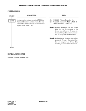 Page 377CHAPTER 2 ND-45670 (E)
Pag e 3 52
Revision 2.0
PROPRIETARY MULTILINE TERMINAL: PRIME LINE PICKUP
PROGRAMMING
HARDWARE REQUIRED 
Multiline Terminal and DLC card
DESCRIPTION DATA
Assign station or trunk to desired Multiline 
Terminal Extension as Prime Line. It is rec-
ommended that the Primary Extension be as-
signed as the Prime Line. (1) X-XXXX: Primary Extension No. 
(2) X-XXXX: Station No.
 Note 1, Note 2 
DXXX: Trunk No. D000-D255
Note 1:Primary Extension No. or Virtual
Line No. can be assigned to...