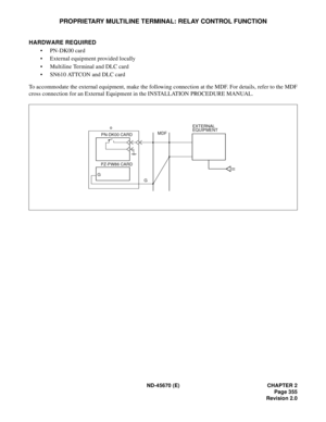 Page 380ND-45670 (E) CHAPTER 2
Page 355
Revision 2.0
PROPRIETARY MULTILINE TERMINAL: RELAY CONTROL FUNCTION
HARDWARE REQUIRED 
• PN-DK00 card
• External equipment provided locally 
• Multiline Terminal and DLC card 
• SN610 ATTCON and DLC card
To accommodate the external equipment, make the following connection at the MDF. For details, refer to the MDF
cross connection for an External Equipment in the INSTALLATION PROCEDURE MANUAL. 
o
PN-DK00 CARD
PZ-PW86 CARD
GMDFEXTERNAL
EQUIPMENT
G 