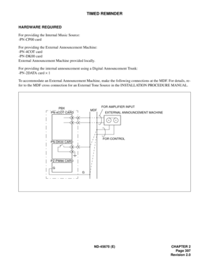 Page 426ND-45670 (E) CHAPTER 2
Page 397
Revision 2.0
TIMED REMINDER
HARDWARE REQUIRED
For providing the Internal Music Source: 
-PN-CP00 card 
For providing the External Announcement Machine: 
-PN-4COT card 
-PN-DK00 card 
External Announcement Machine provided locally.
For providing the internal announcement using a Digital Announcement Trunk: 
-PN-2DATA card ´ 1
To accommodate an External Announcement Machine, make the following connections at the MDF. For details, re-
fer to the MDF cross connection for an...