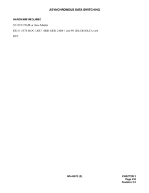 Page 468ND-45670 (E) CHAPTER 2
Page 435
Revision 2.0
ASYNCHRONOUS DATA SWITCHING
HARDWARE REQUIRED
SN1152 DTAM-A Data Adapter
ETJ-8-1/ETJ-16DC-1/ETJ-16DD-1/ETJ-24DS-1 and PN-2DLCB/4DLCA card
DTE 